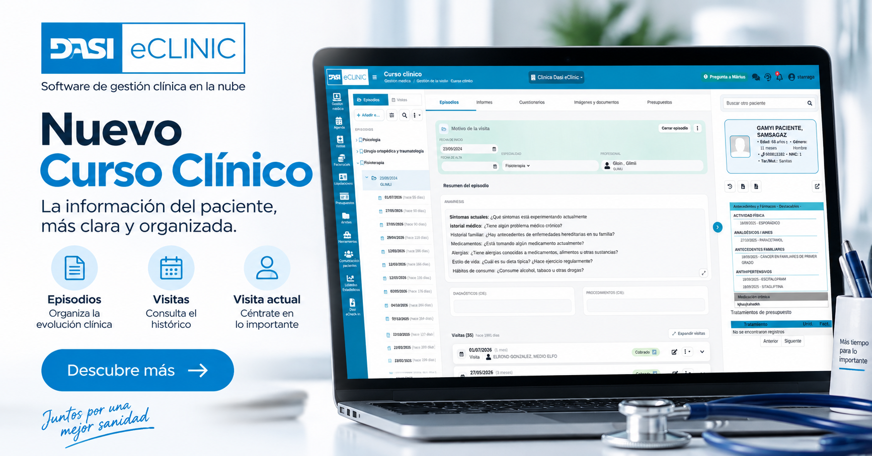Nuevo Curso Clínico de Dasi eClinic para la gestión de episodios, visitas e información clínica del paciente.
